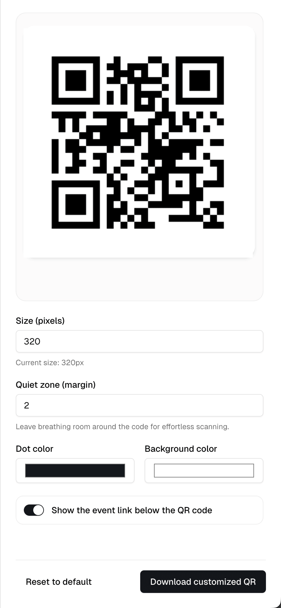 Editing the QR code presentation in Eventify