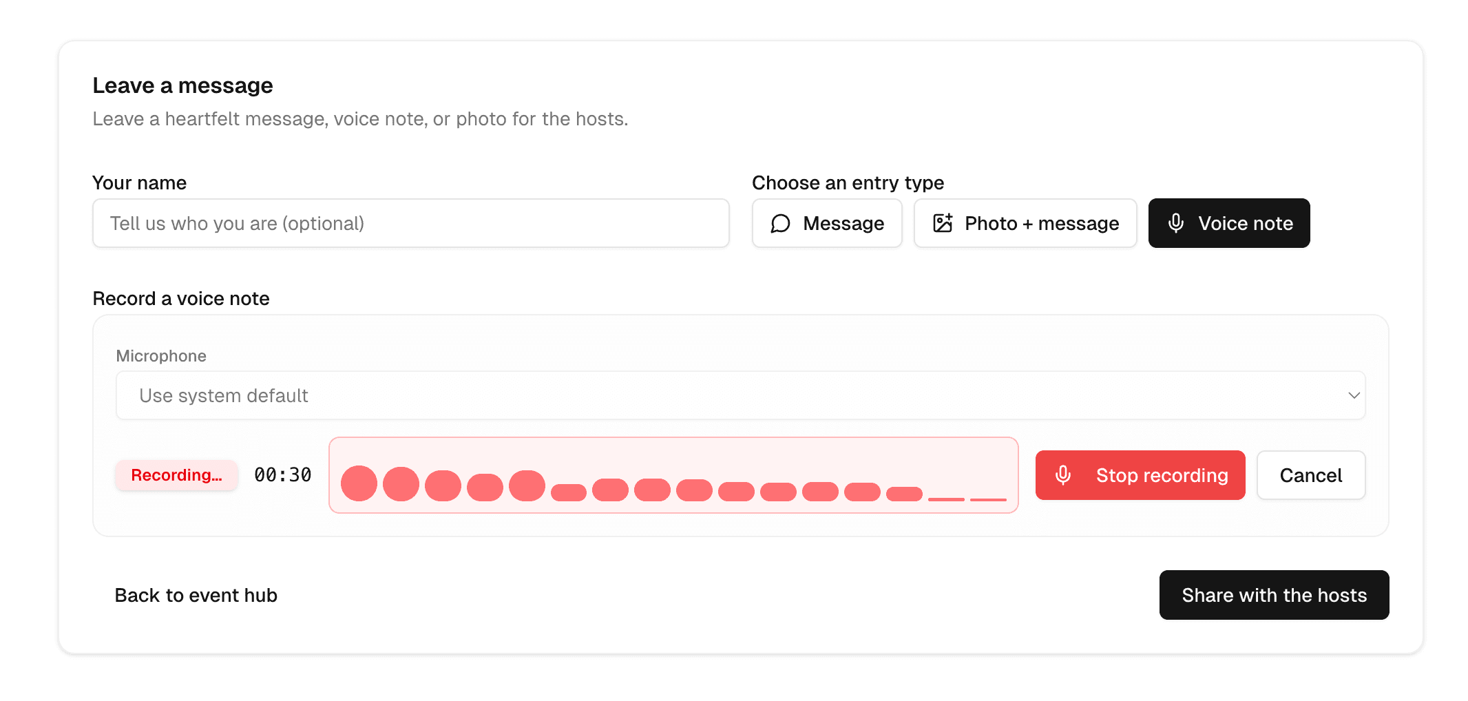 Voice guestbook interface with waveform preview